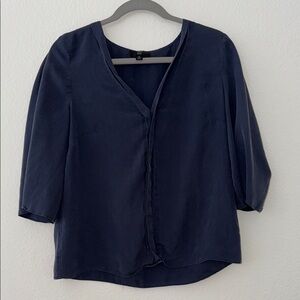 J. Crew Blue 3/4 Sleeve Boxy Blouse with Mandarin Collar